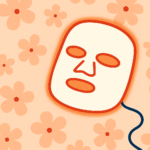 Illustration of a glowing LED face mask centered on a peach floral background