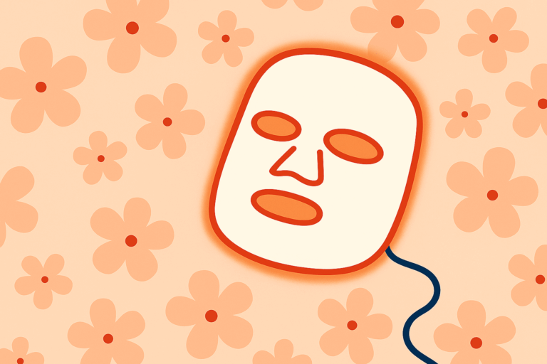 Illustration of a glowing LED face mask centered on a peach floral background