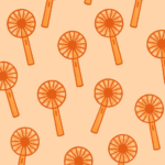 Repeating pattern of orange handheld fans – symbolising cooling gadgets for hot flushes