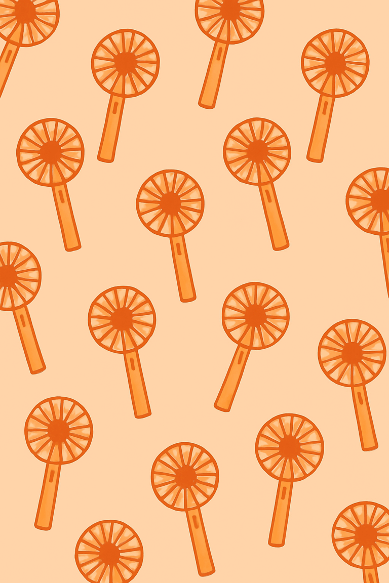 Repeating pattern of orange handheld fans – symbolising cooling gadgets for hot flushes