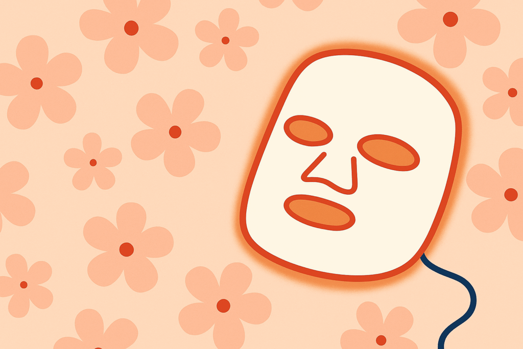 Illustrated LED face mask on floral background