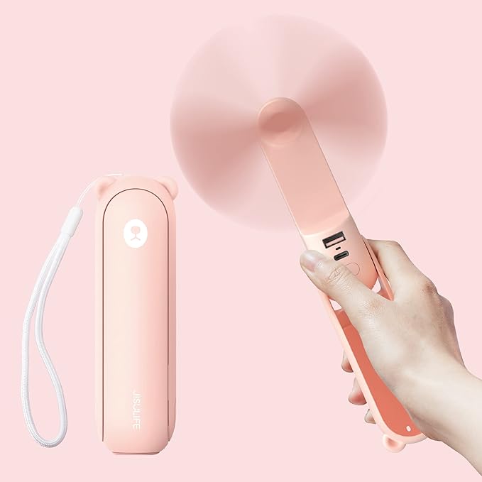 Pink Jisulife handheld USB rechargeable fan with wrist strap and powerbank, menopause gadget