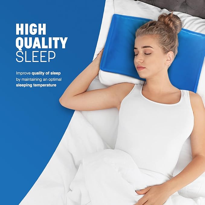 Woman sleeping on a cooling gel pillow for menopause relief — helps with hot flashes, night sweats, and cooler sleep comfort