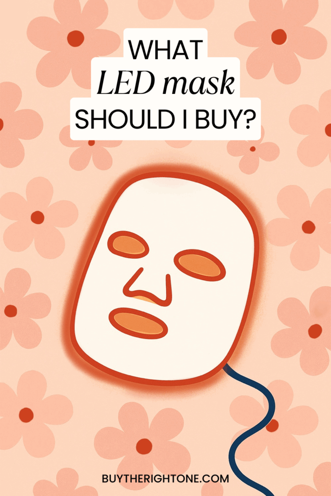 Illustration of a glowing LED face mask with floral background – Pinterest graphic asking ‘What LED mask should I buy?’